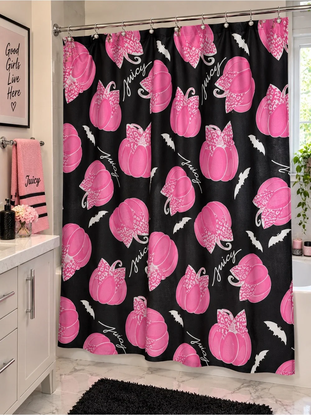 Juicy Couture Halloween Pink Pumpkin Bow Shower Curtain Y2K Coquette Goth 13pc